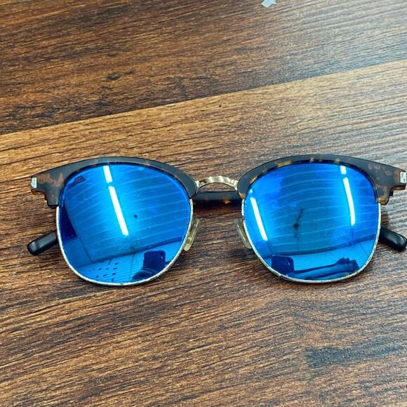 Adult Unisex Blue & Brown Half-Rimmed Mirrored Sunglasses One Size - Picture 1 of 5